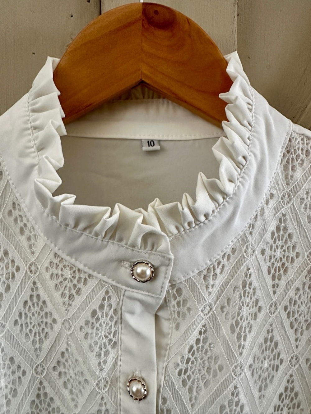 Vintage Style White Lace Pleated Chiffon Blouse High Neck Pearl Buttons Size 10 - Picture 2 of 8